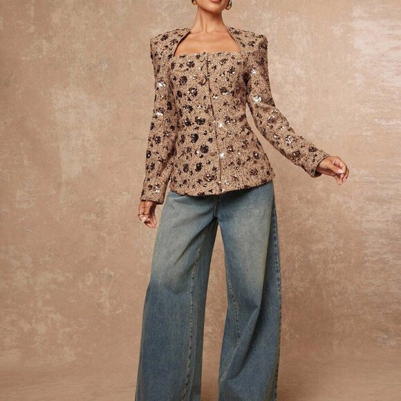 Khaki Elegant Women's Sequin Embroidered Hollow Out Cinched Tweed Blazer - Picture 7 of 8